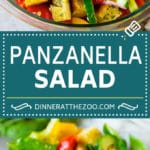 Panzanella salad with toasted bread cubes and colorful vegetables all tossed in a homemade dressing. #salad #fuyos