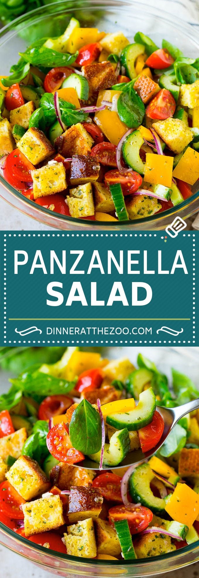 Panzanella salad with toasted bread cubes and colorful vegetables all tossed in a homemade dressing. #salad #fuyos