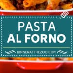 Pasta al Forno is hearty rigatoni noodles tossed in a savory meat sauce then topped with cheese and baked. #pasta #fuyos