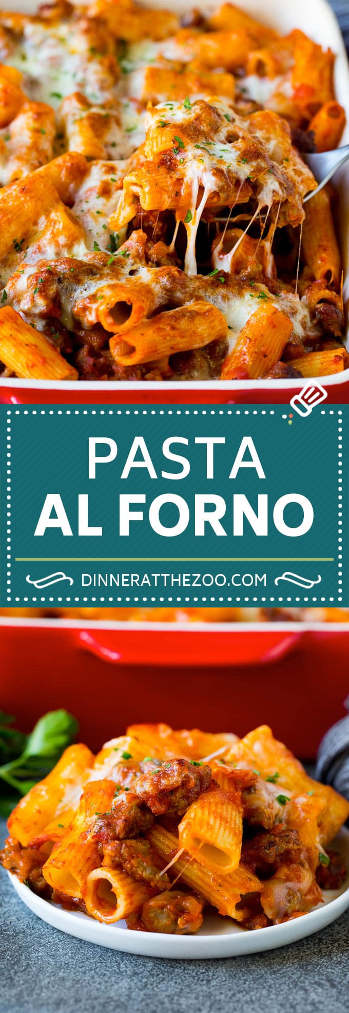 Pasta al Forno is hearty rigatoni noodles tossed in a savory meat sauce then topped with cheese and baked. #pasta #fuyos