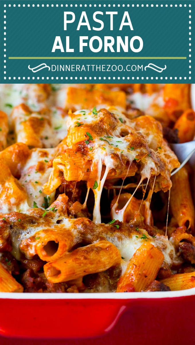 Pasta al Forno is hearty rigatoni noodles tossed in a savory meat sauce then topped with cheese and baked. #pasta #fuyos
