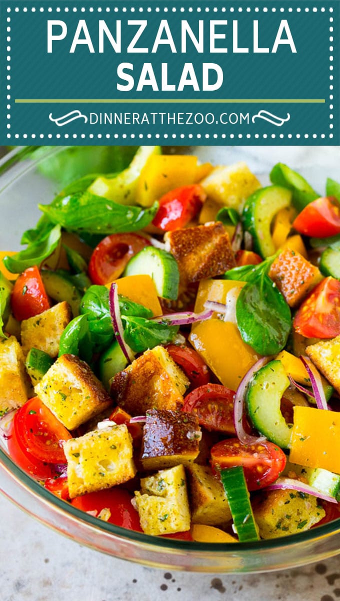 Panzanella salad with toasted bread cubes and colorful vegetables all tossed in a homemade dressing. #salad #fuyos