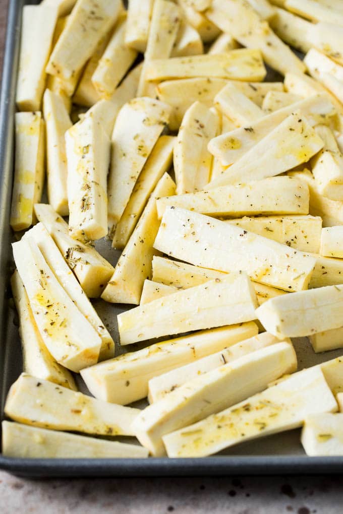 Root vegetables coated in olive oil, herbs and garlic.