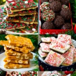 A collection of images of Christmas candy recipes like Christmas crack, crock pot candy and peanut brittle.