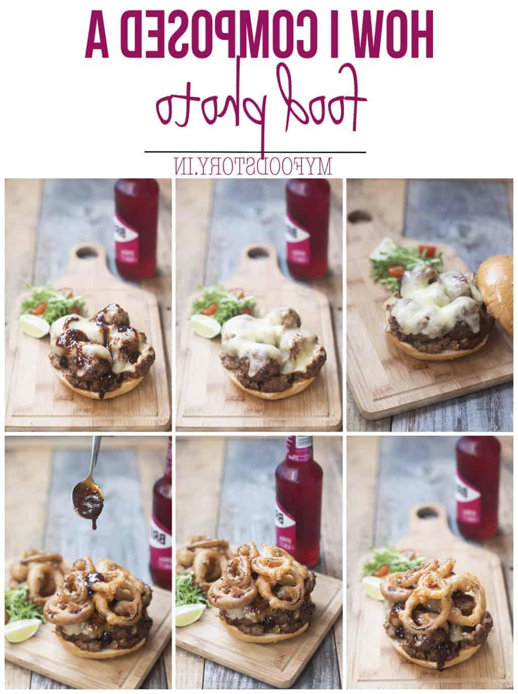 Composizione iniziale del set per l'hamburger: valutazione preliminare della luce e dello spazio. Fasi di composizione fotografia di un hamburger di agnello, prima prova