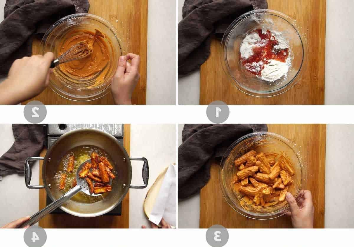 **Baby mais croccante al peperoncino** 3 Collage di immagini passo dopo passo che mostrano come fare il baby corn al peperoncino
