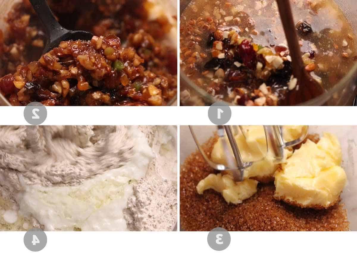Plumcake Senza Uova 3 Passaggi da 1 a 4 per la preparazione della torta di prugne senza uova, che mostrano la frutta secca che viene cucinata in un pentolino e il burro e lo zucchero che vengono mescolati con una frusta elettrica in una ciotola grande.