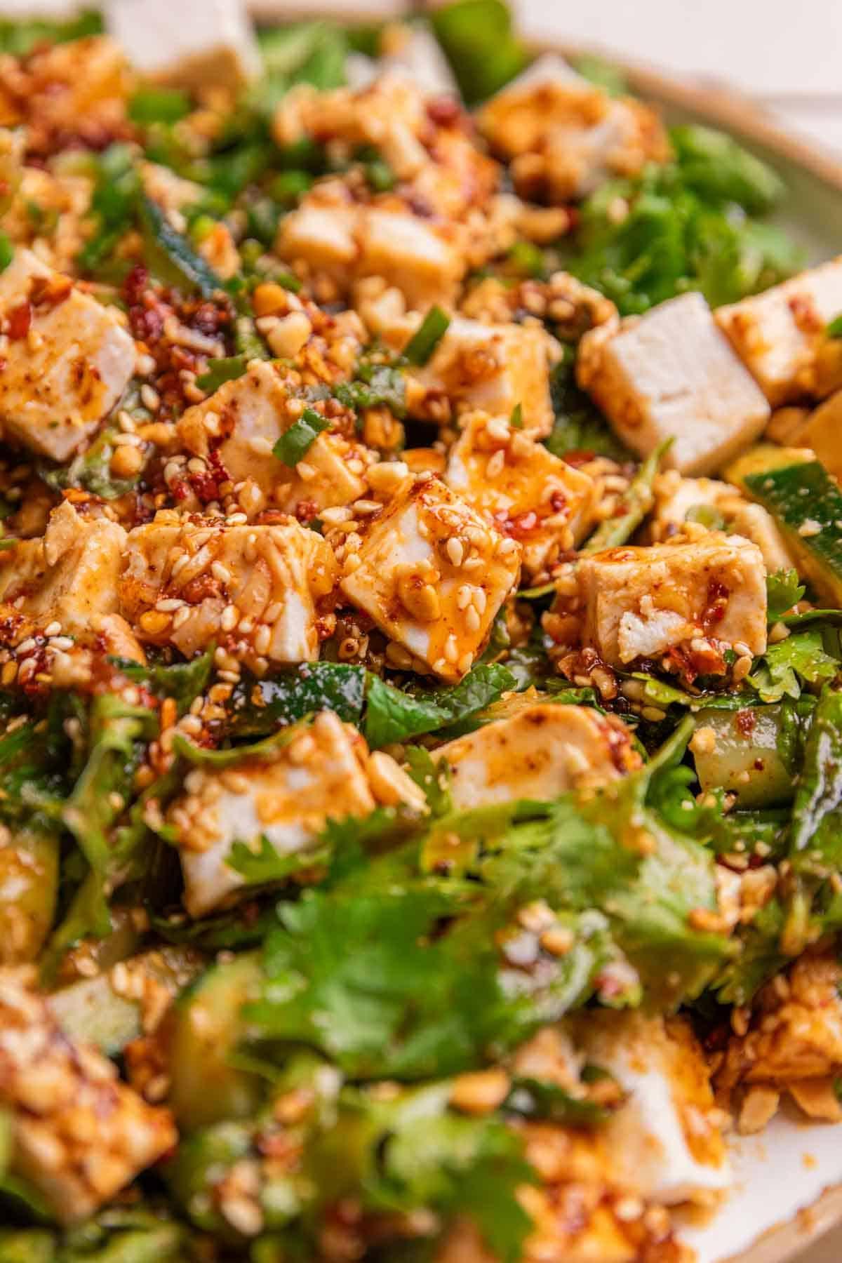 Insalata Asiatica di Cetrioli con Tofu 4 A close up image of Asian cucumber salad to show it's texture