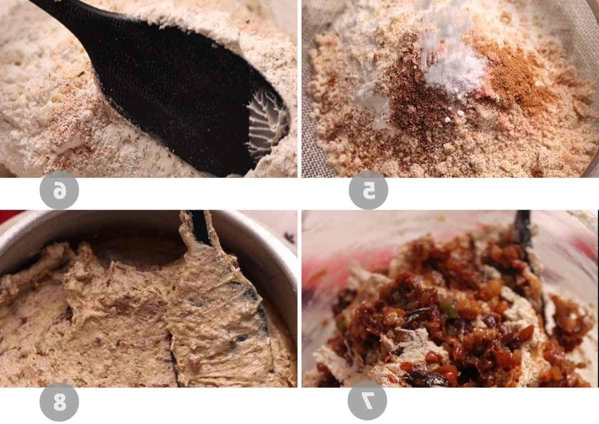 Plumcake Senza Uova 4 Passaggi da 5 a 8 della preparazione della torta di prugne senza uova, che mostrano gli ingredienti secchi che vengono setacciati in una ciotola, l'impasto che viene mescolato delicatamente con una spatola e la frutta secca che viene aggiunta all'impasto.