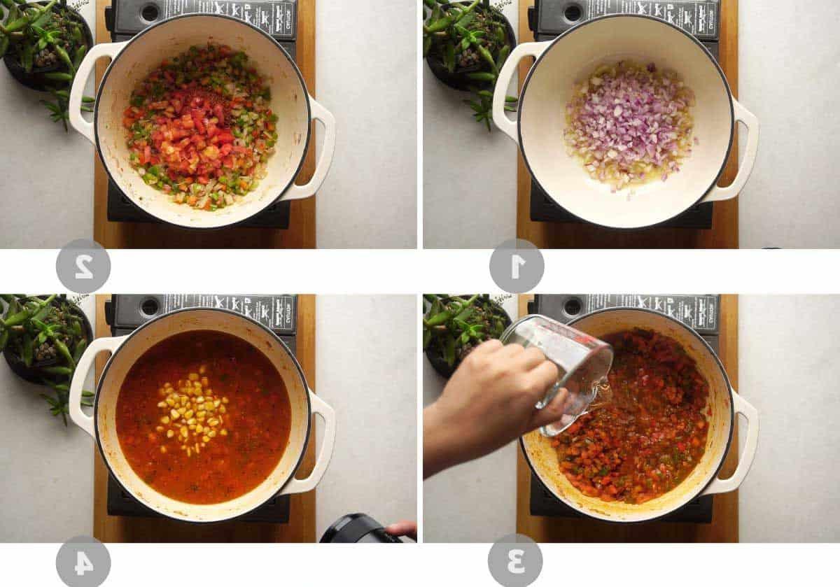 Zuppa Messicana Vegetariana con Fagioli 4 Collage di immagini passo-passo che mostrano come preparare la zuppa messicana vegetariana
