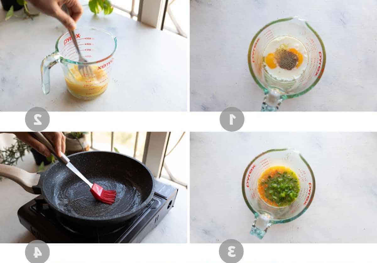 Involtini di Omelette Coreani 4 Collage di immagini passo-passo che mostrano come preparare la frittata coreana