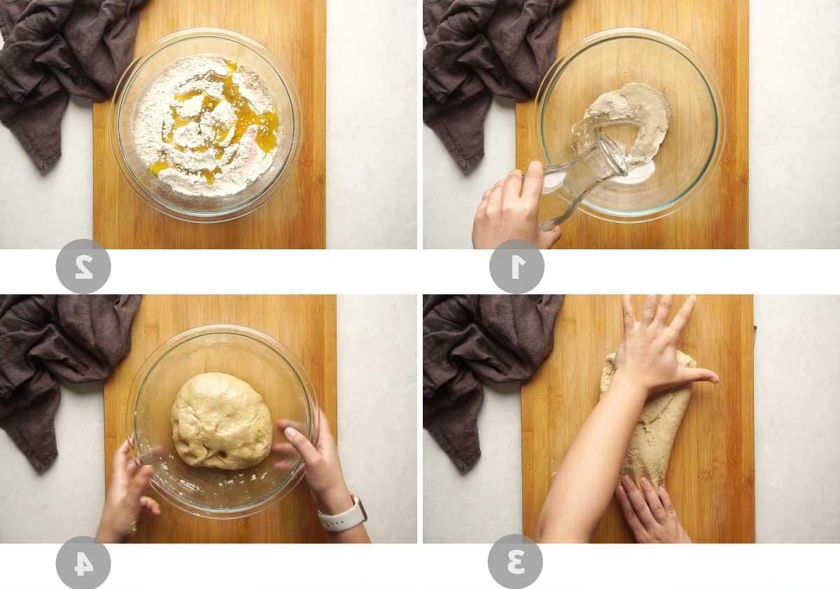 Ricetta del Pane Pita Integrale 4 Collage di immagini passo-passo che mostrano le fasi iniziali della preparazione del pane pita integrale: dalla miscelazione degli ingredienti all'attivazione del lievito e alla prima lievitazione dell'impasto.