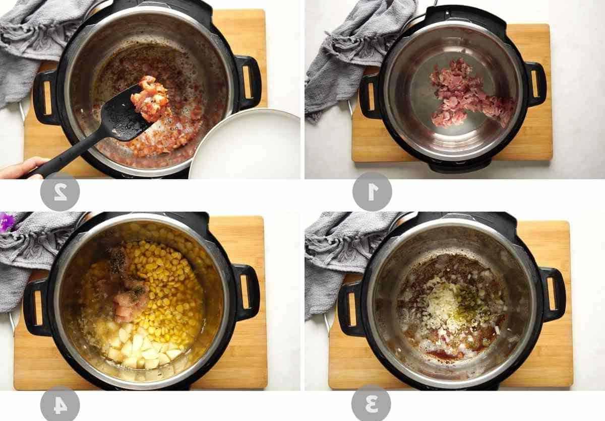Zuppa Densa di Pollo, Patate e Mais con Pancetta (Ricetta per Pentola a Pressione) 4 Collage di immagini passo-passo che mostrano come preparare la chowder di pollo, patate e mais nell'instant pot