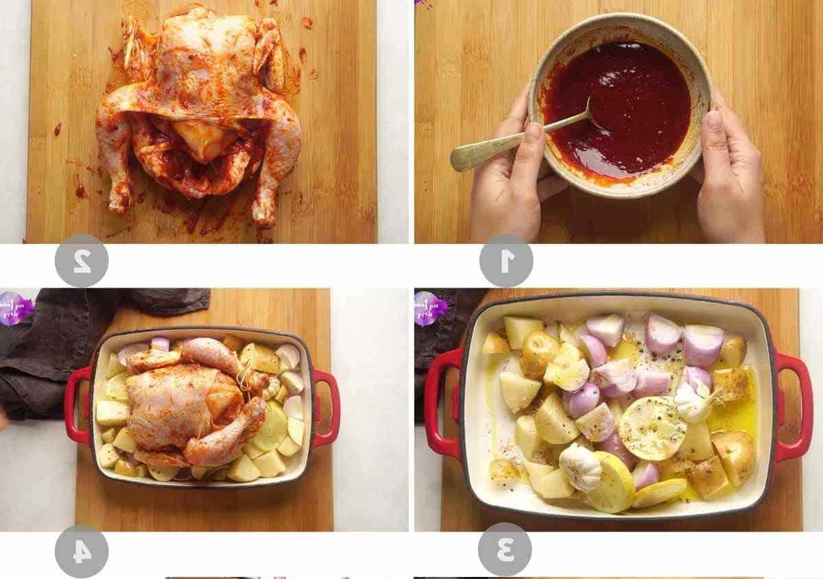 Pollo Arrosto Intero al Masala all'Indiana 4 Collage di immagini passo-passo che mostrano come preparare il pollo arrosto indiano