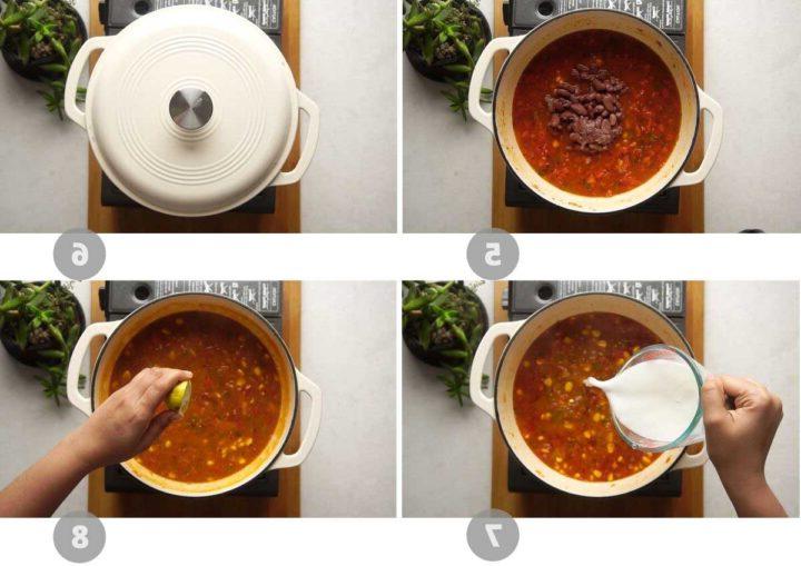 Zuppa Messicana Vegetariana con Fagioli 5 Collage di immagini passo-passo che mostrano come preparare la zuppa messicana vegetariana