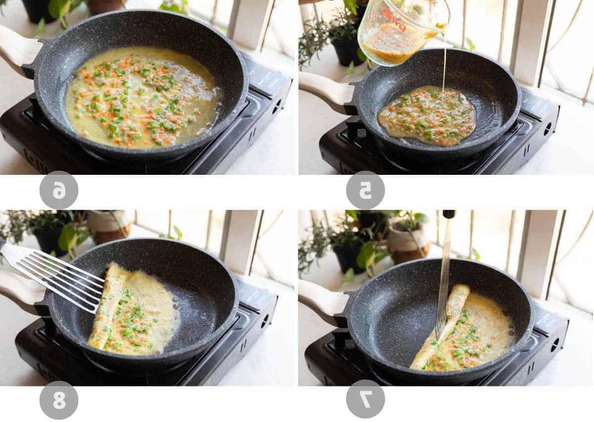 Involtini di Omelette Coreani 5 Collage di immagini passo-passo che mostrano come preparare la frittata coreana