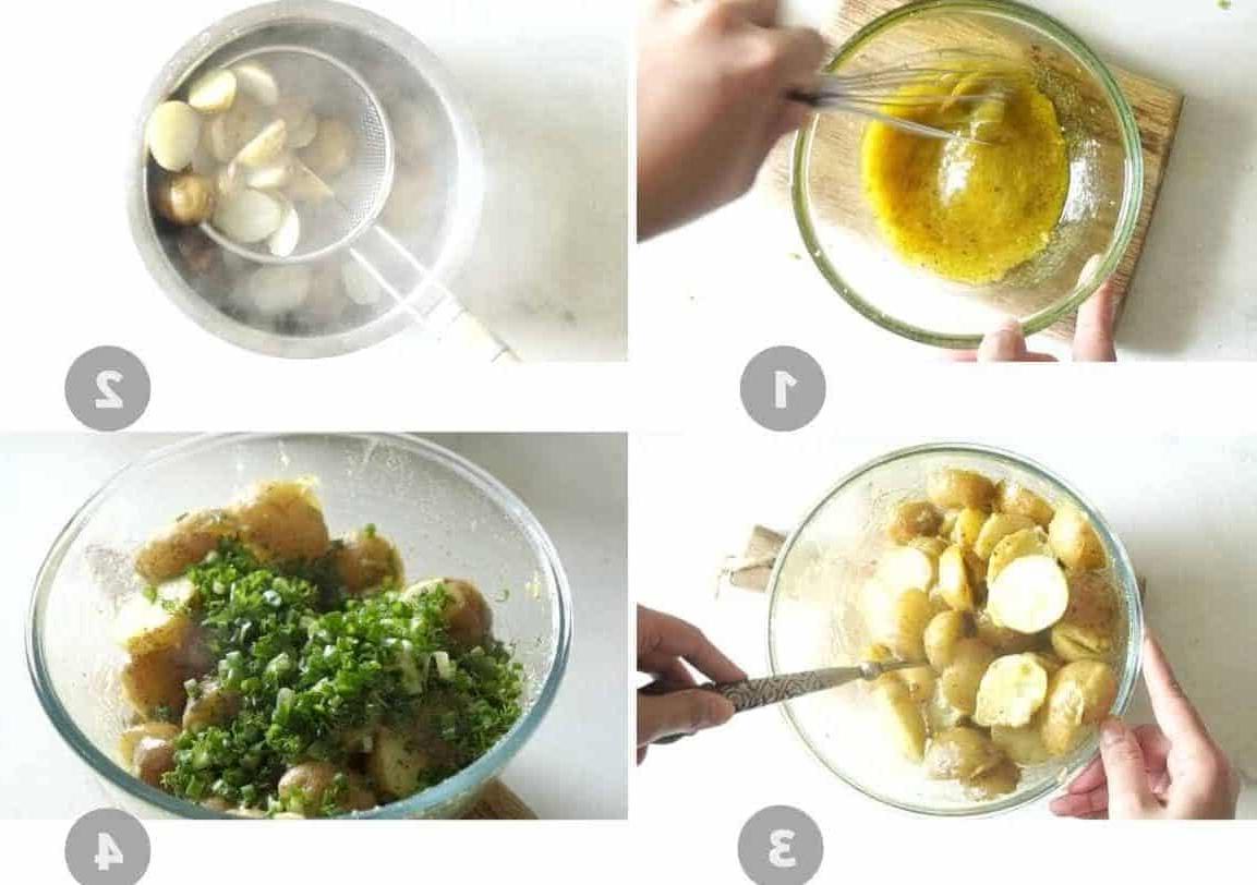Insalata di Patate Salutare al Limone e Aneto (Senza Maionese) 5 Collage di immagini passo-passo che mostrano come preparare l'insalata di patate sana al limone e aneto
