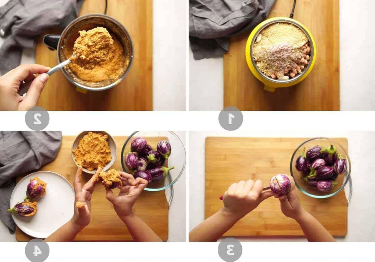 Melanzane ripiene al curry 5 Collage di immagini passo-passo che mostrano come preparare il curry di melanzane ripiene