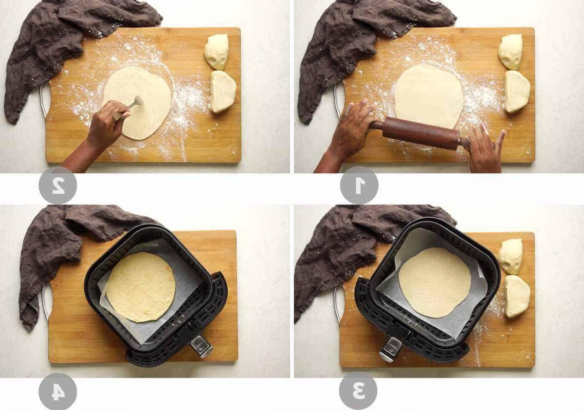 Pizza senza lievito in friggitrice ad aria 5 Collage di immagini passo dopo passo che mostrano come preparare la pizza cotta in friggitrice ad aria