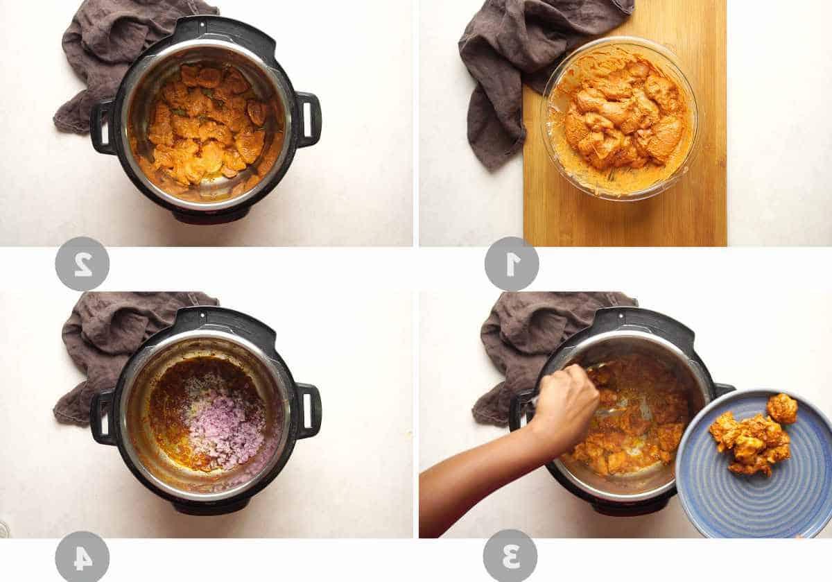 Instant Pot Pollo Tikka Masala 5 Collage di immagini passo-passo che mostrano come preparare il pollo tikka masala nell'instant pot