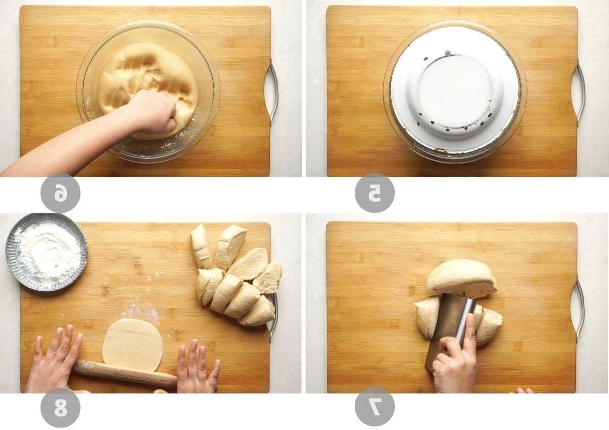 Ricetta del Pane Pita Integrale 5 Collage di immagini passo-passo che mostrano la seconda parte della preparazione del pane pita integrale: dalla lievitazione al raddoppio di volume, la divisione dell'impasto in porzioni e la stesura dei dischi.