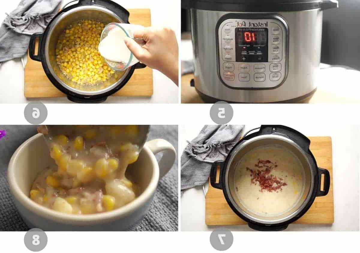 Zuppa Densa di Pollo, Patate e Mais con Pancetta (Ricetta per Pentola a Pressione) 5 Collage di immagini passo-passo che mostrano come preparare la chowder di pollo, patate e mais nell'instant pot