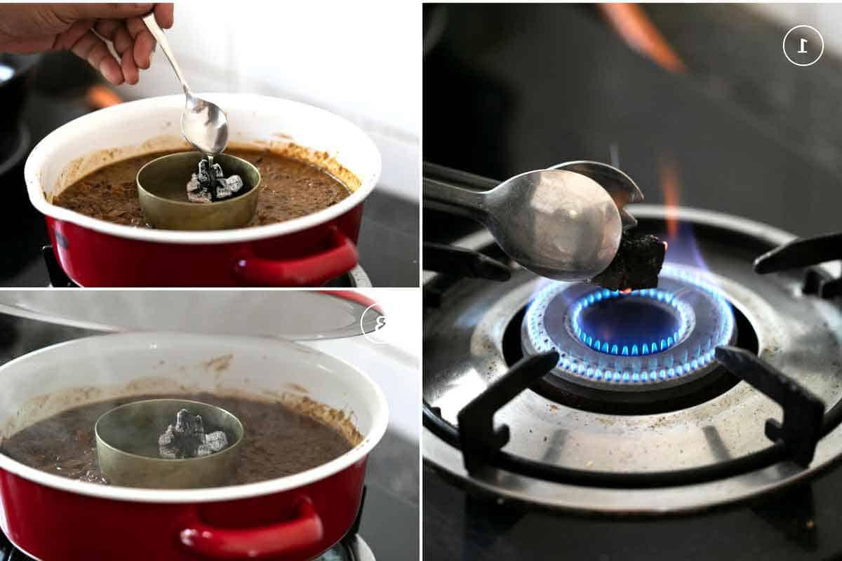 Dal Makhani – La Ricetta Definitiva per Fornello e Pentola a Pressione 5 Immagini che mostrano il processo in tre fasi per affumicare il dal makhani per preparare il dal makhani in stile ristorante a casa