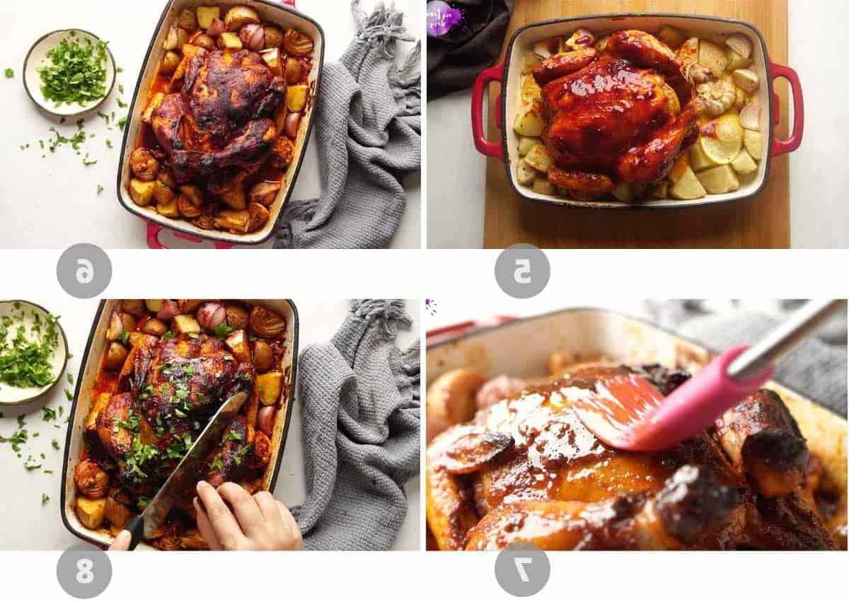 Pollo Arrosto Intero al Masala all'Indiana 5 Collage di immagini passo-passo che mostrano come preparare il pollo arrosto indiano