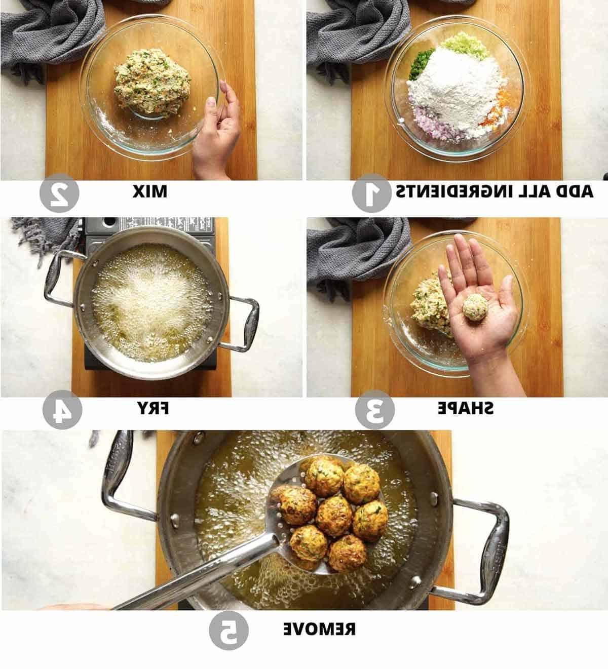 Manchurian Vegetariano | Come preparare il Manchurian 5 Collage di immagini passo dopo passo che mostrano come preparare le polpette di verdure fritte per il Manchurian