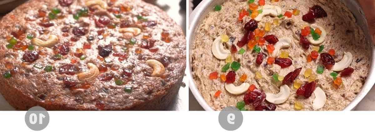 Plumcake Senza Uova 5 Passaggi 9 e 10 per la preparazione della torta di prugne senza uova, che mostrano la torta nel forno durante la cottura e una fetta pronta per essere servita su un piatto elegante.