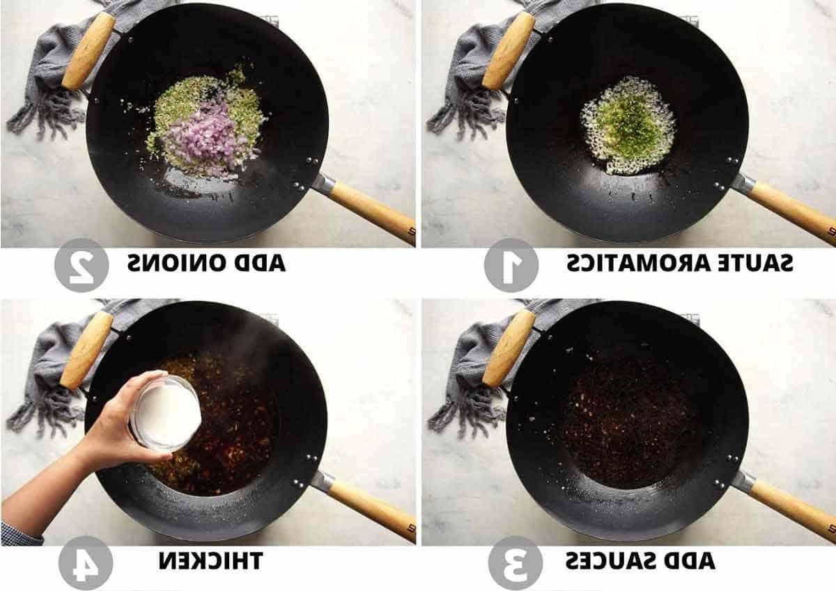 Manchurian Vegetariano | Come preparare il Manchurian 6 Collage di immagini passo dopo passo che mostrano come preparare la salsa per il Manchurian