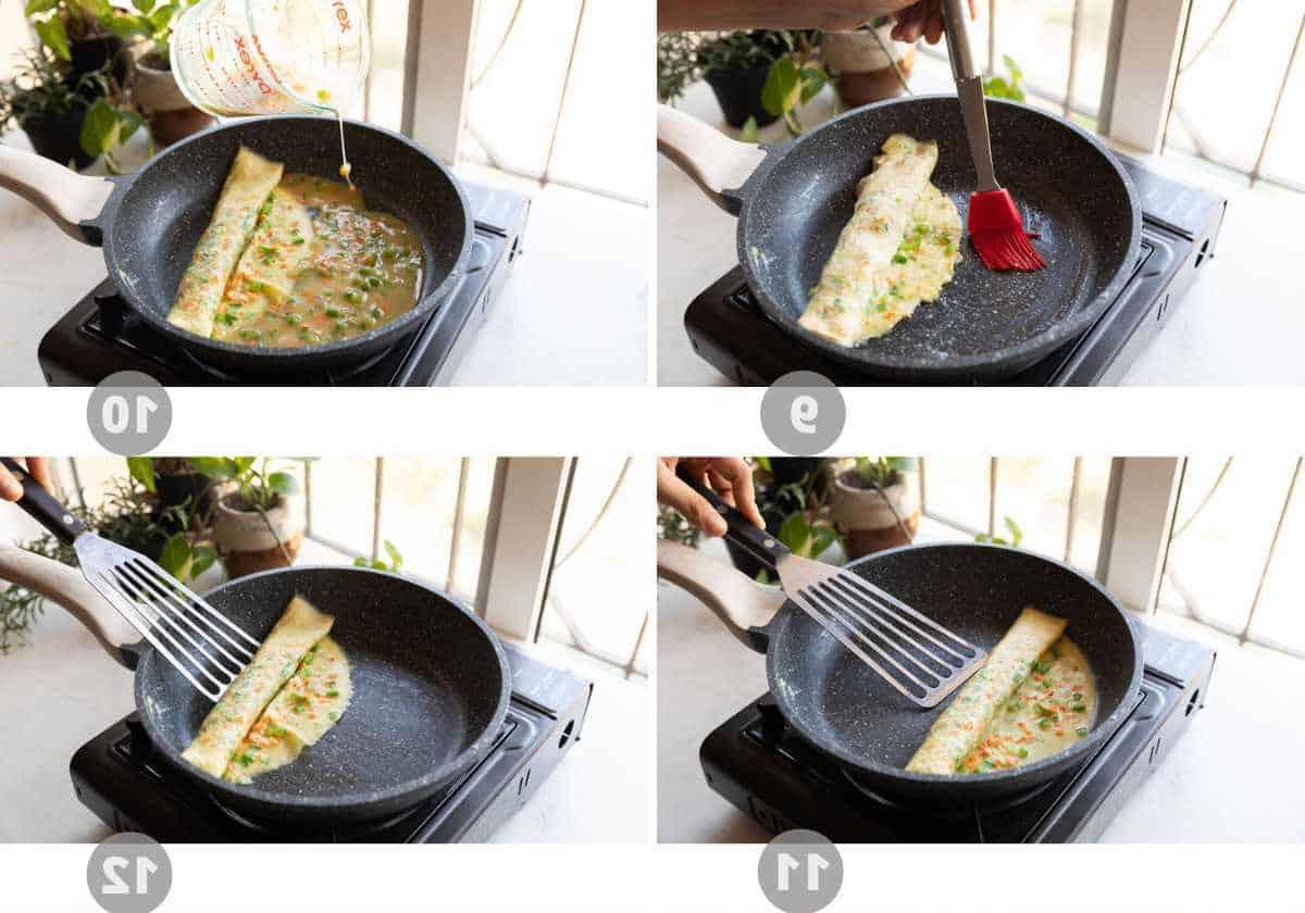 Involtini di Omelette Coreani 6 Collage di immagini passo-passo che mostrano come preparare la frittata coreana