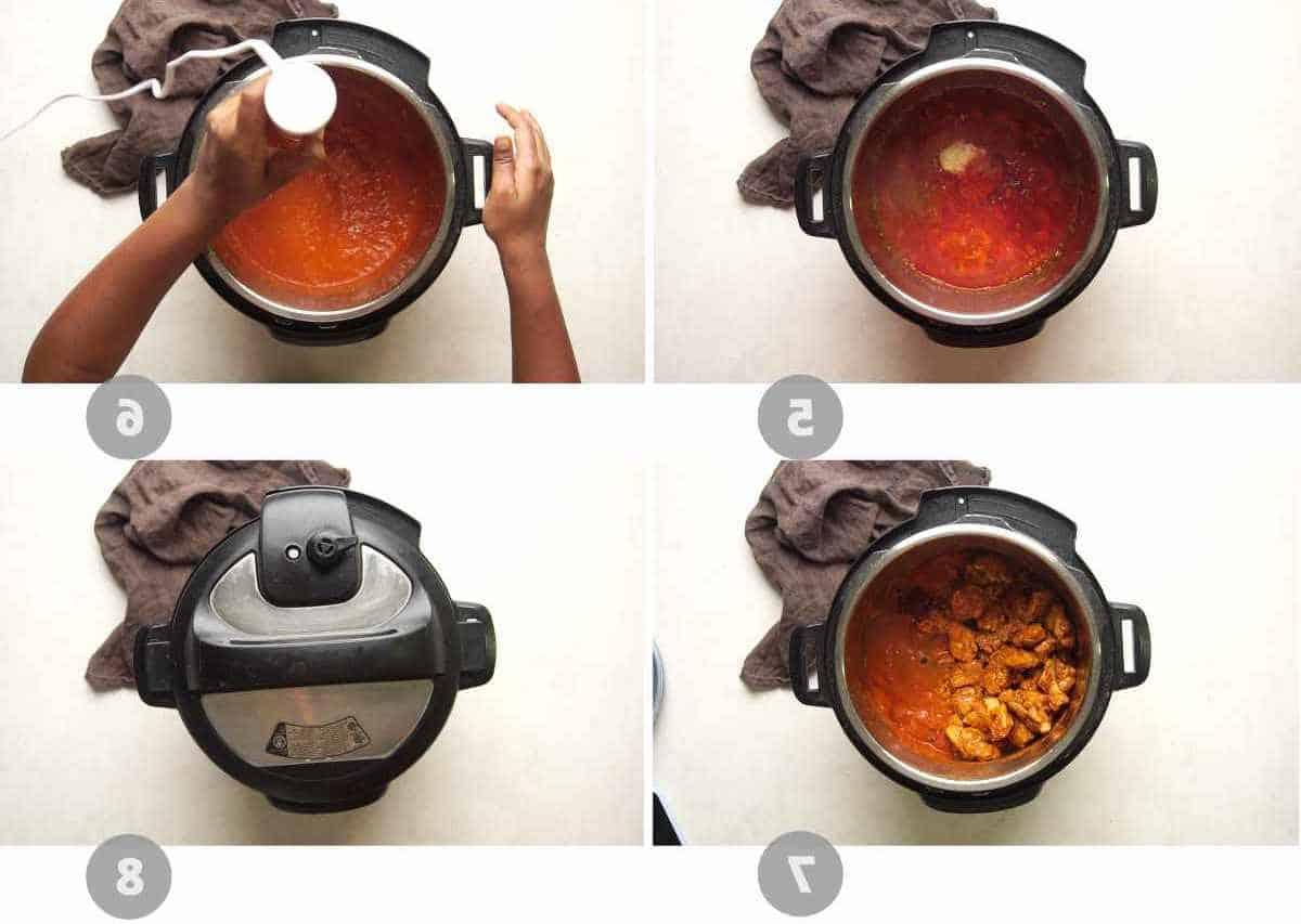 Instant Pot Pollo Tikka Masala 6 Collage di immagini passo-passo che mostrano come preparare il pollo tikka masala nell'instant pot