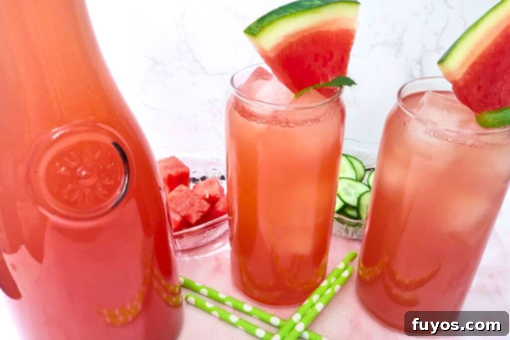 ice cold glasses of watermelon cucumber agua fresca with fresh watermelon slices