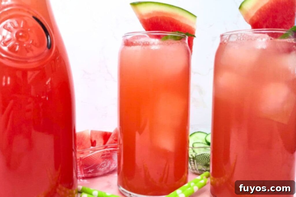 two tall glasses of cold watermelon cucumber agua fresca next to a pitcher