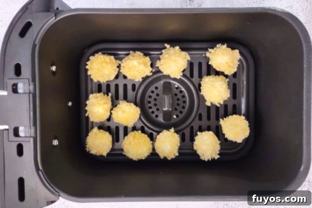 Air Fryer Goat Cheese Balls Crunchy Creamy Delight 10 Goat cheese balls placed in a single layer in the air fryer basket.