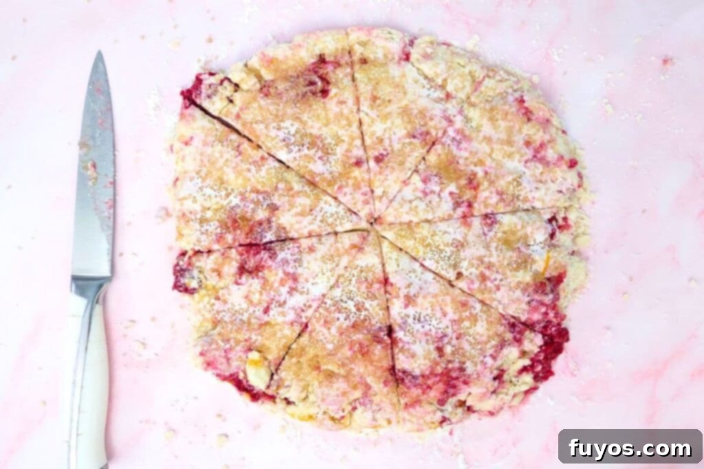 Cutting scone dough into 8 even pie-shaped wedges