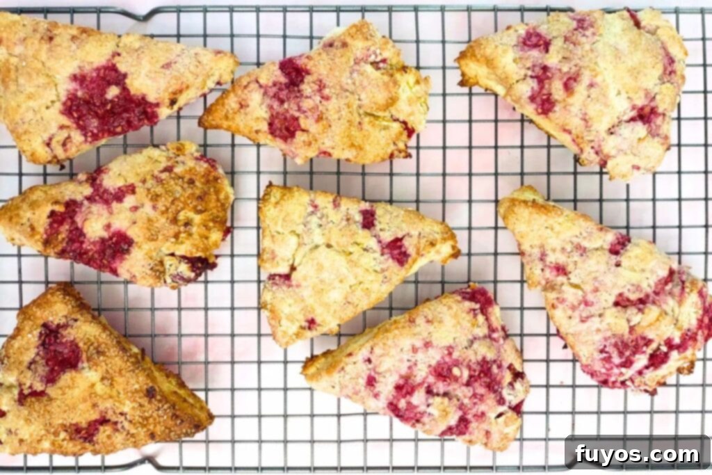 Raspberry orange scones cooling on a wire rack after baking