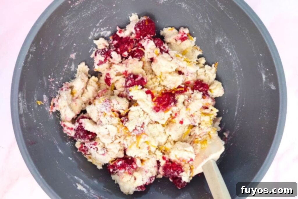 Folding fresh raspberries and orange zest into the scone dough