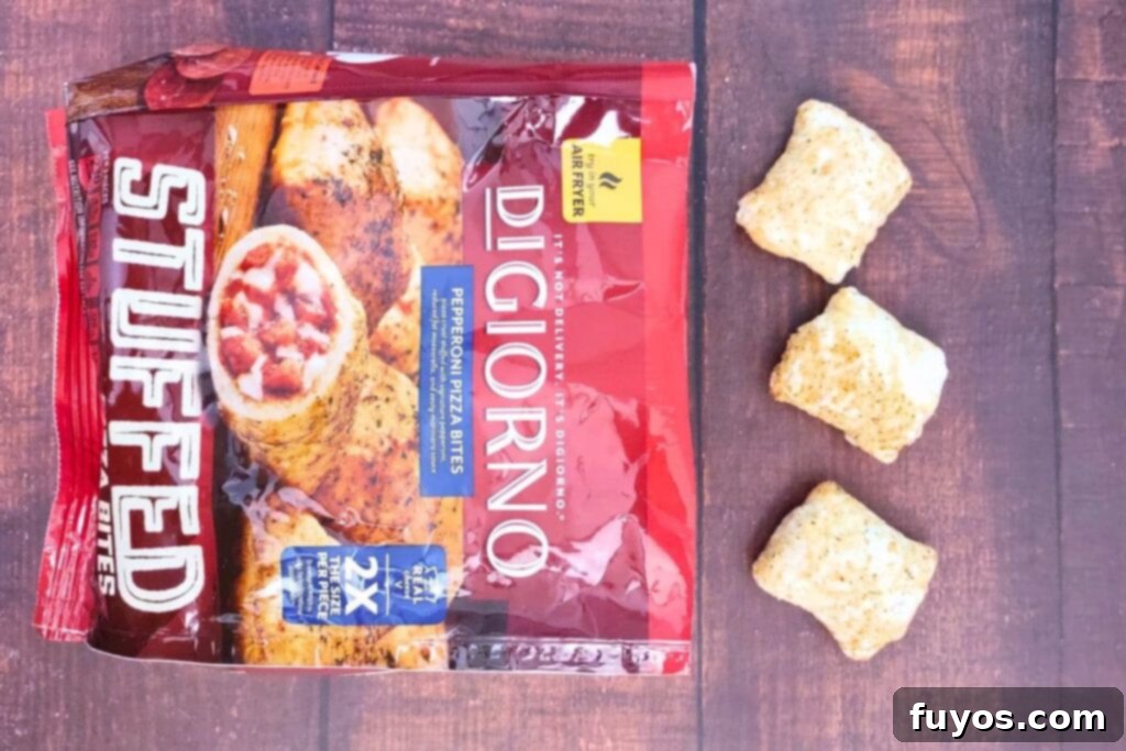 Air Fryer DiGiorno Pizza Bites The Secret to Golden Crispiness 4 DiGiorno Pizza Bites next to their vibrant packaging, highlighting the product for air fryer cooking.