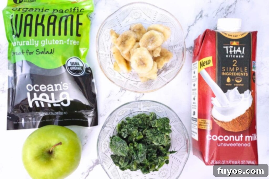 ingredients laid out for a healthy seaweed smoothie