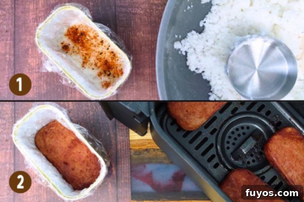 Air Fryer Spam Musubi Your Homegrown Hawaiian Treat 8 layer the rice with seasoning and spam inside container