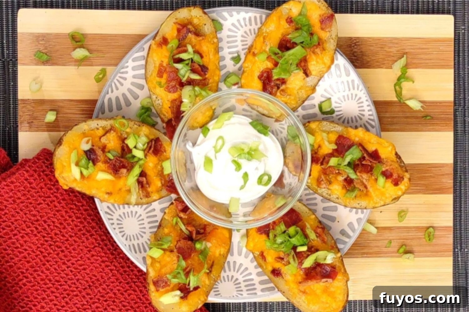 The Best Air Fryer Potato Skins 9 Serving homemade air fryer potato skins with a side of sour cream