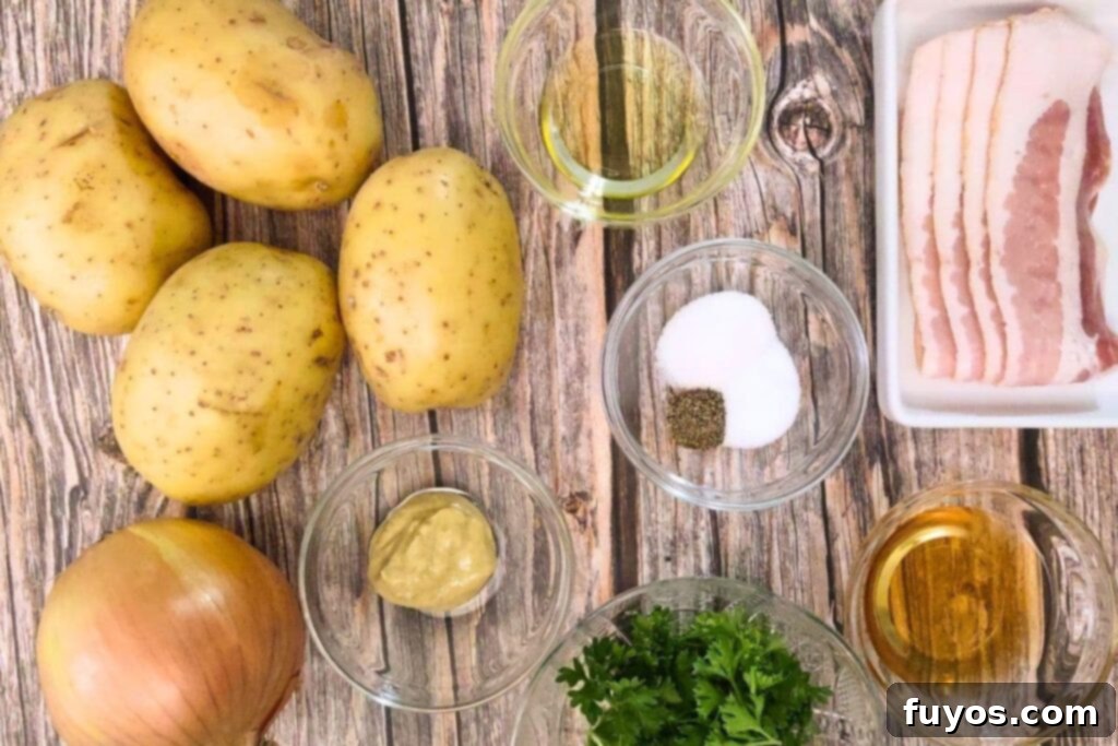 Ingredients laid out to make air fryer German potato salad, including potatoes, bacon, onions, and spices.