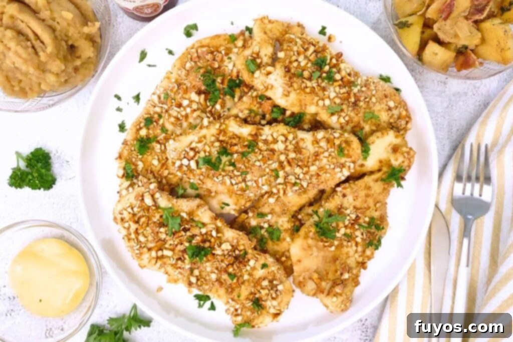 overhead view of pretzel crusted chicken on a plate with honey mustard dipping sauce