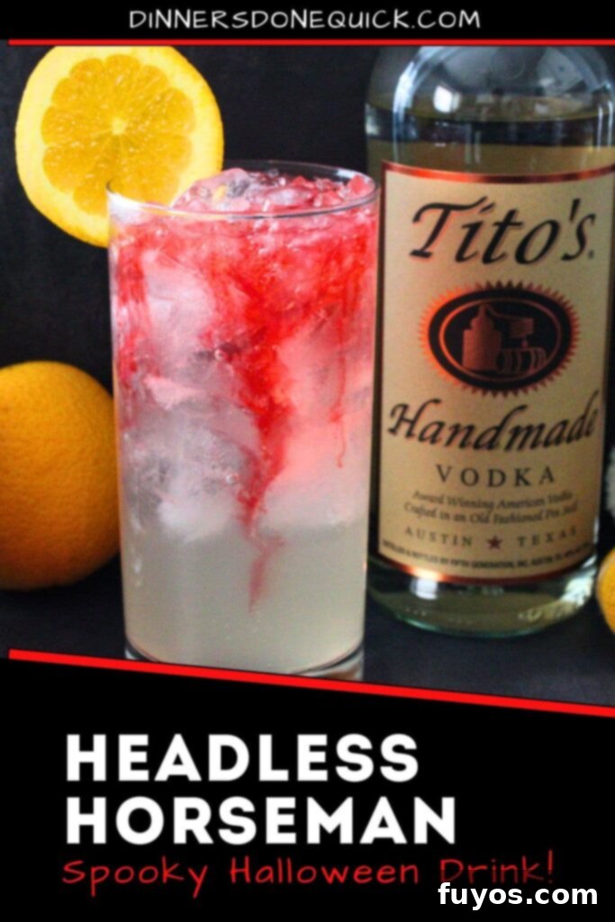 Halloween Headless Horseman cocktail recipe for Pinterest sharing.