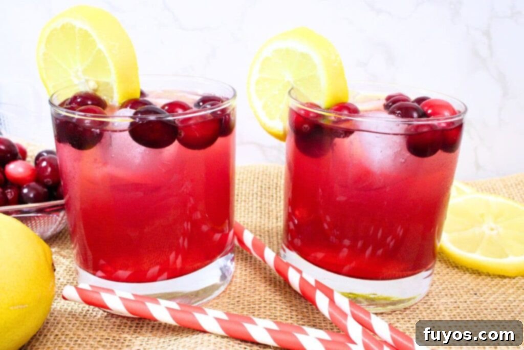 Quick 3 Ingredient Cranberry Lemon Vodka Refresher 8 two vodka cranberry lemonade cocktails on a tan mesh sheet with striped straws