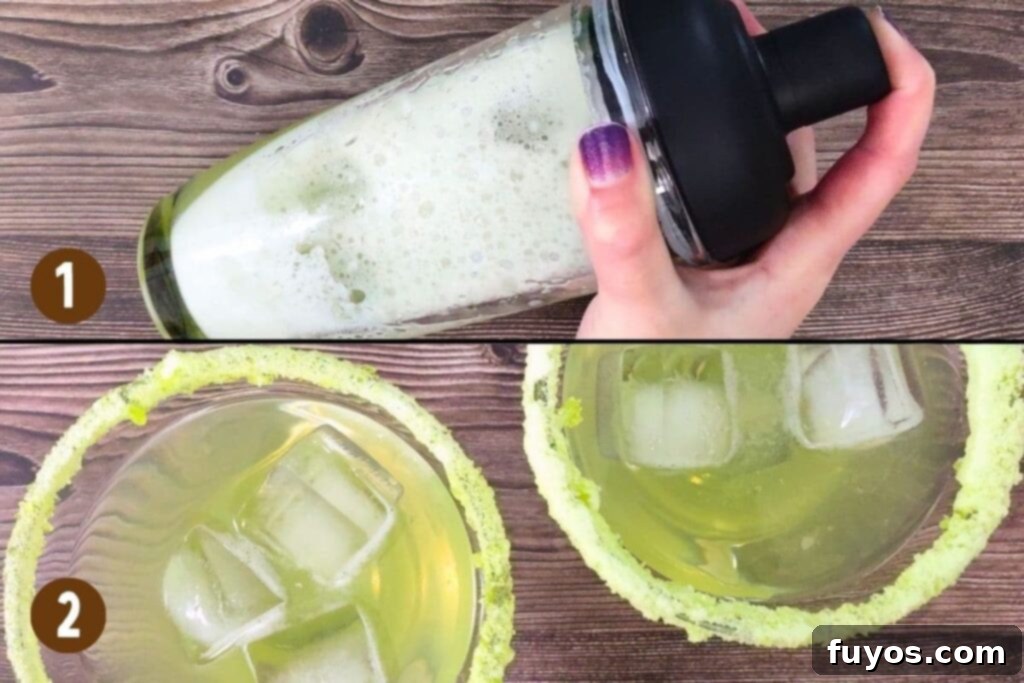 Sweet and Tart Green Apple Margarita Bliss 8 shake and strain the green apple margaritas into your glasses