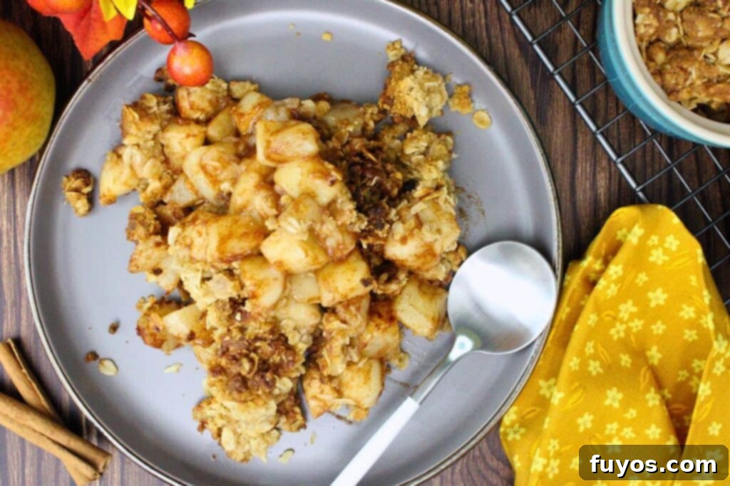 20-Minute Air Fryer Pear Crisp for Fall 8 overhead view of air fryer pear crisp scooped on a plate with a spoon