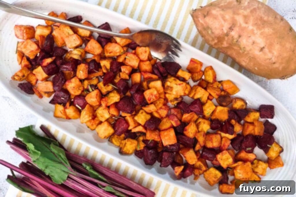 overhead view of easy air fryer beets and sweet potatoes